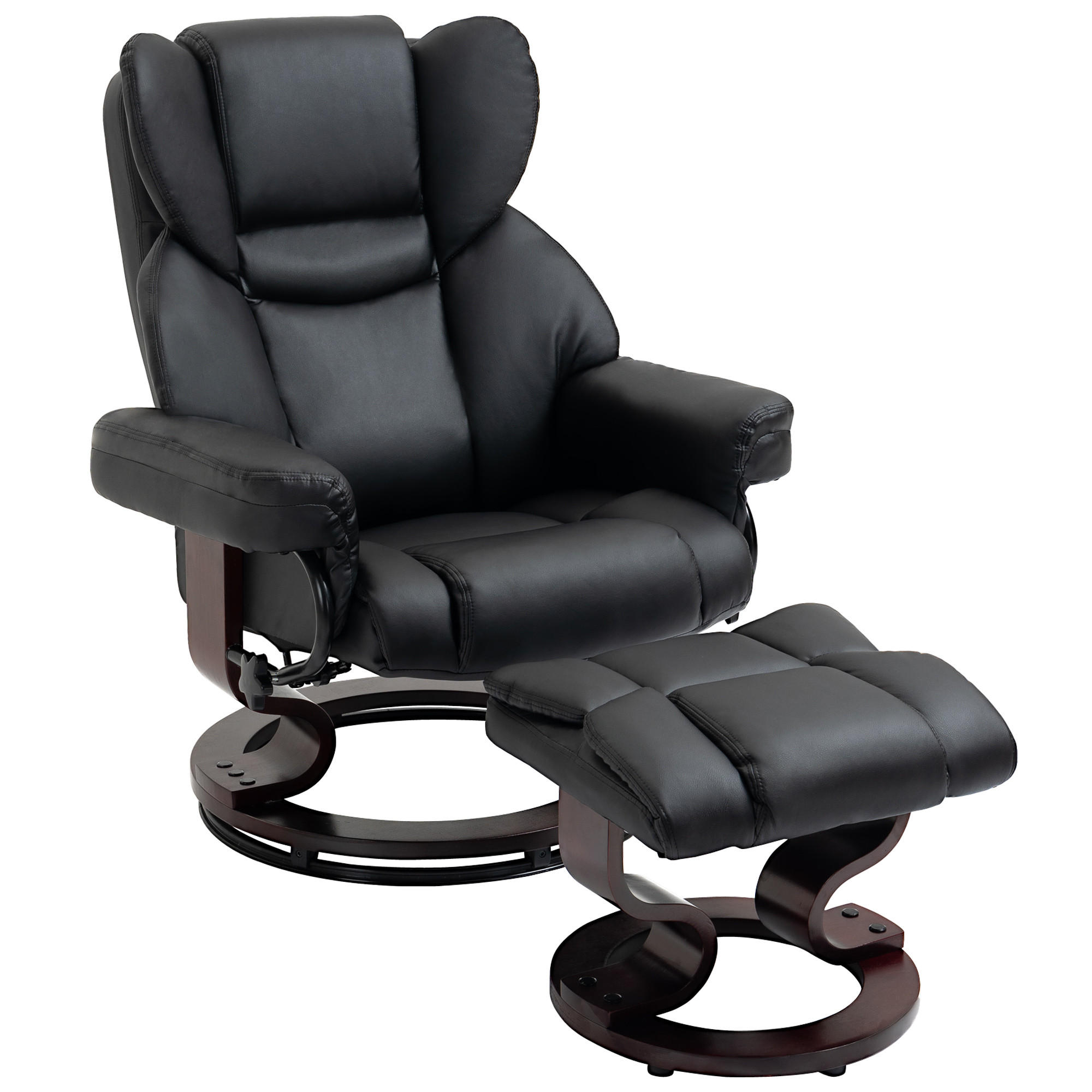 RELAXSESSEL mit Hocker, drehbarer Fernsehsessel, TV-Sessel mit Liegefunktion - Schwarz, Leder/Holz (79/100/80cm) - HOMCOM