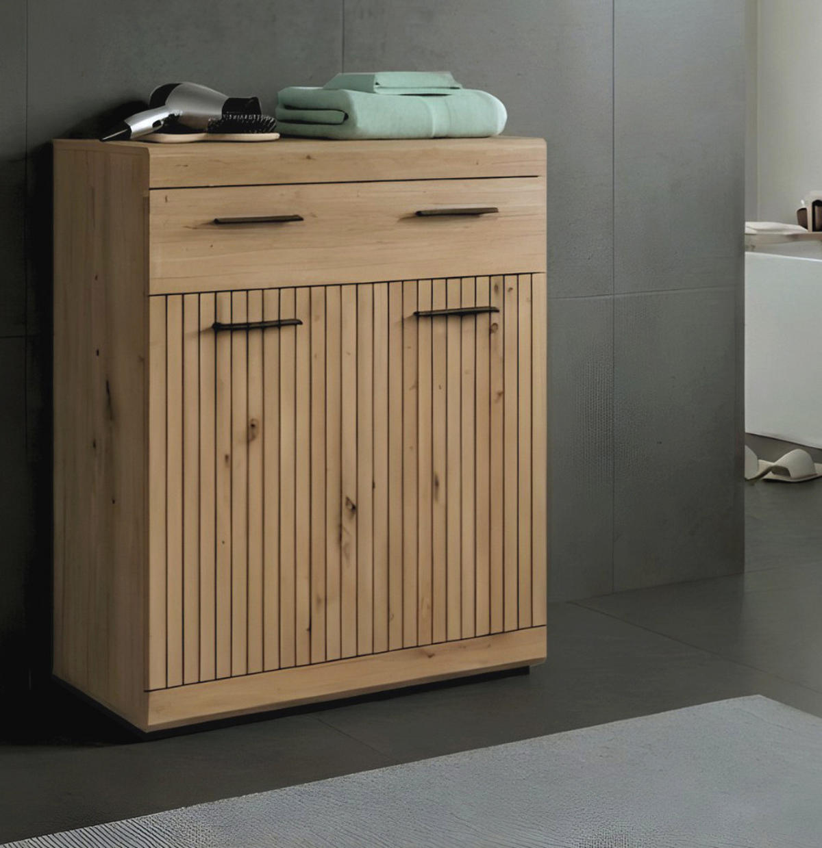 BADKOMMODE Eiche Artisan 74 x 88 cm, Badschrank mit moderner Rillen-Optik - Schwarz/Eiche Artisan, Holzwerkstoff/Kunststoff (74/88/31cm) - Inn.Furn
