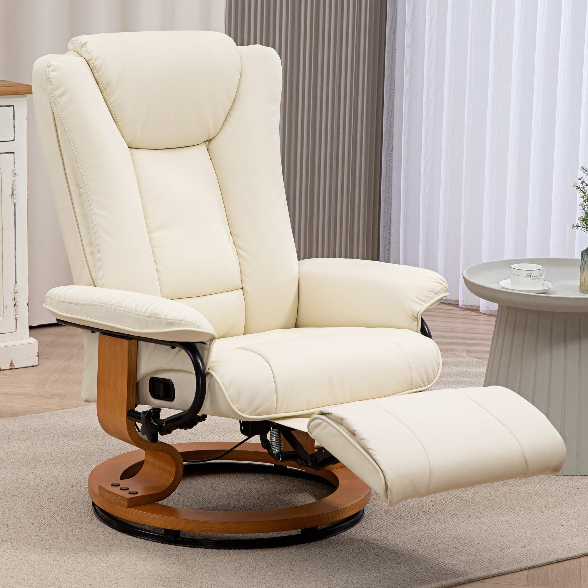 RELAXSESSEL Drehbar Fernsehsessel mit Liegefunktion, Fußstütze, Cremeweiß - Creme, Leder/Holzwerkstoff (88/103/78cm) - HOMCOM