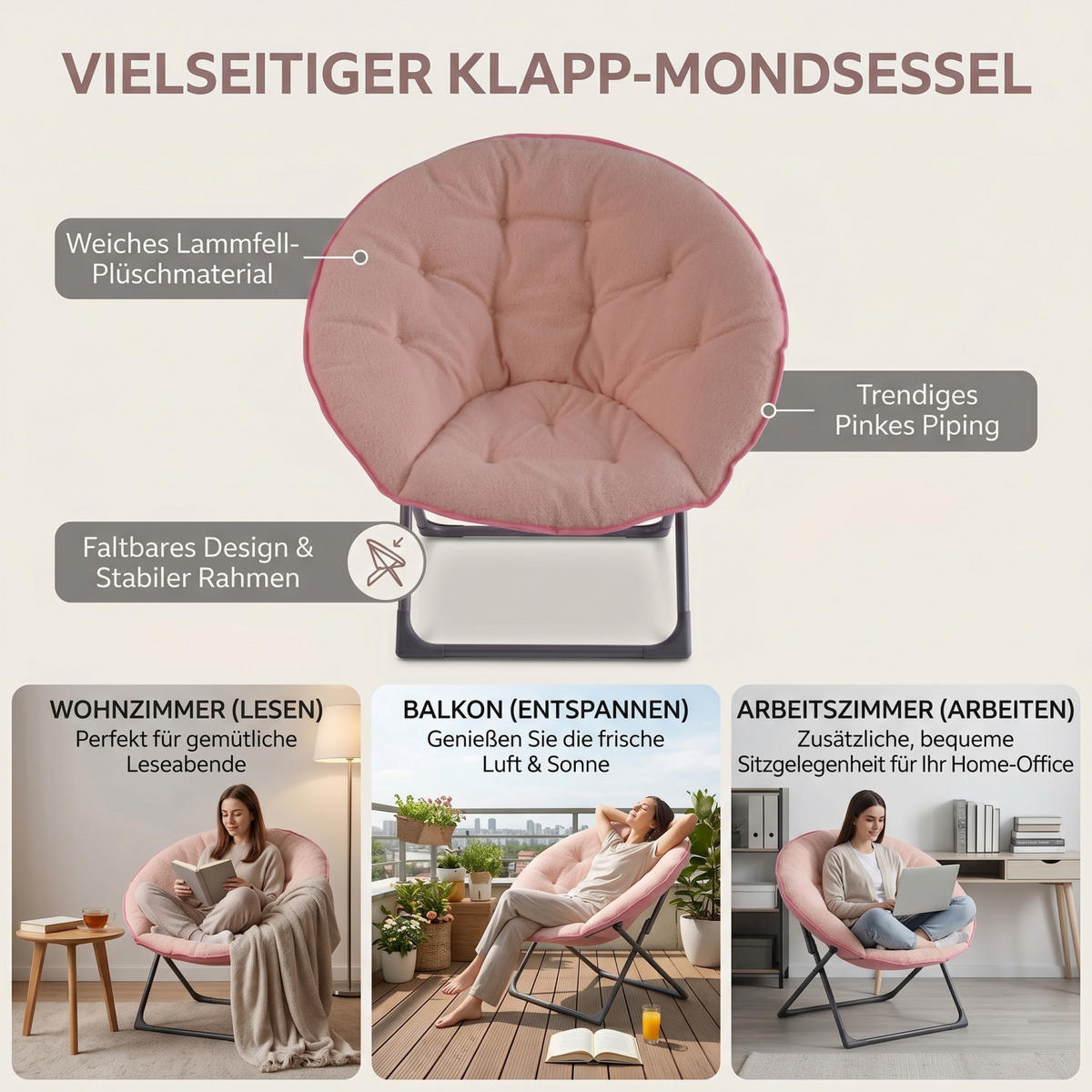 SESSEL Sherpa Rose klappbar - Rosa, Textil/Metall (53/37/58cm) - WISHDOR