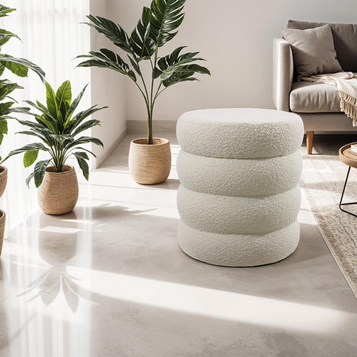 SITZHOCKER mit Stauraum Altu,42 x 42 x 47 cm,Bouclé creme-weiß - Creme/Weiß, Holz (42/47/42cm) - tectake