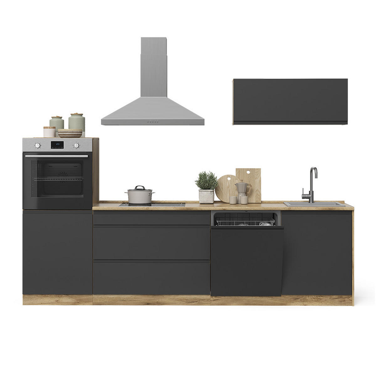 KÜCHENZEILE R-Line, Anthrazit/Goldkraft Eiche, 280 cm Arbeitsplatte Weiß - Eichefarben/Anthrazit, Holzwerkstoff (280/143/60cm) - Vicco