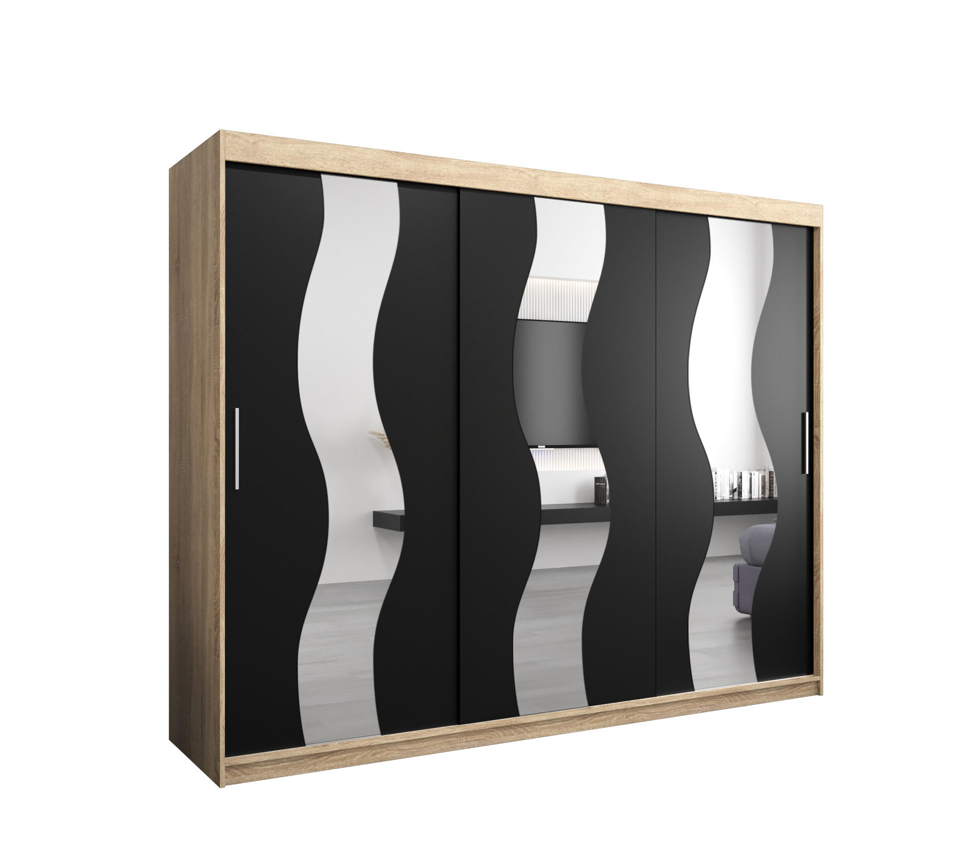 Abiks Möbel Schwebetürenschrank Sonoma Eiche, Schwarz 250x200x62 cm