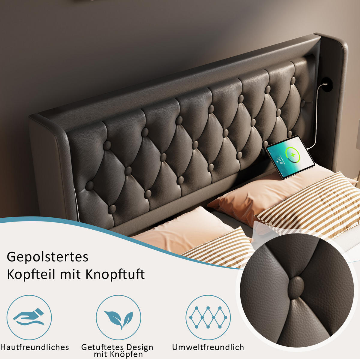 POLSTERBETT 140/200 cm Schwarz aus PU mit Stauraum, LED und USB Typ-C - Schwarz, Kunststoff (140/200cm) - OKMYHOME