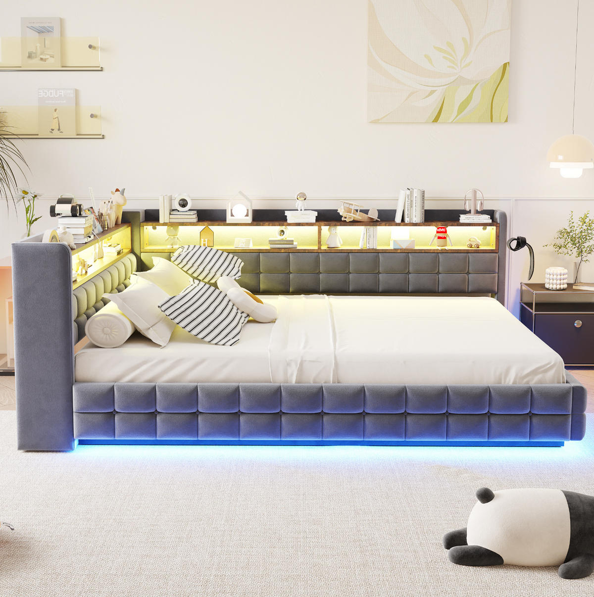 POLSTERBETT 140/200 cm mit LED-Beleuchtung, Steckdose, USB-, Typ-C-Anschluss und Bettkasten, Grau - Grau, Textil (140/200cm) - Redom