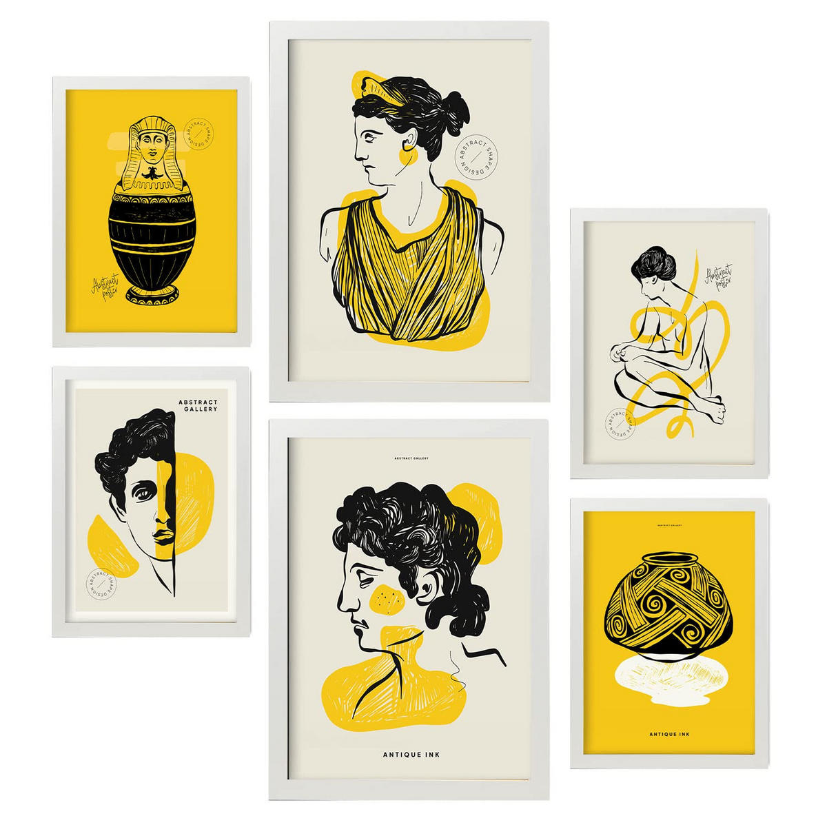 POSTER Set Mit 6 Schwarze Tintenprofile Größe A3 & A4 Weißer Rahmen - Weiß, Papier (29.7/1cm) - Nacnic