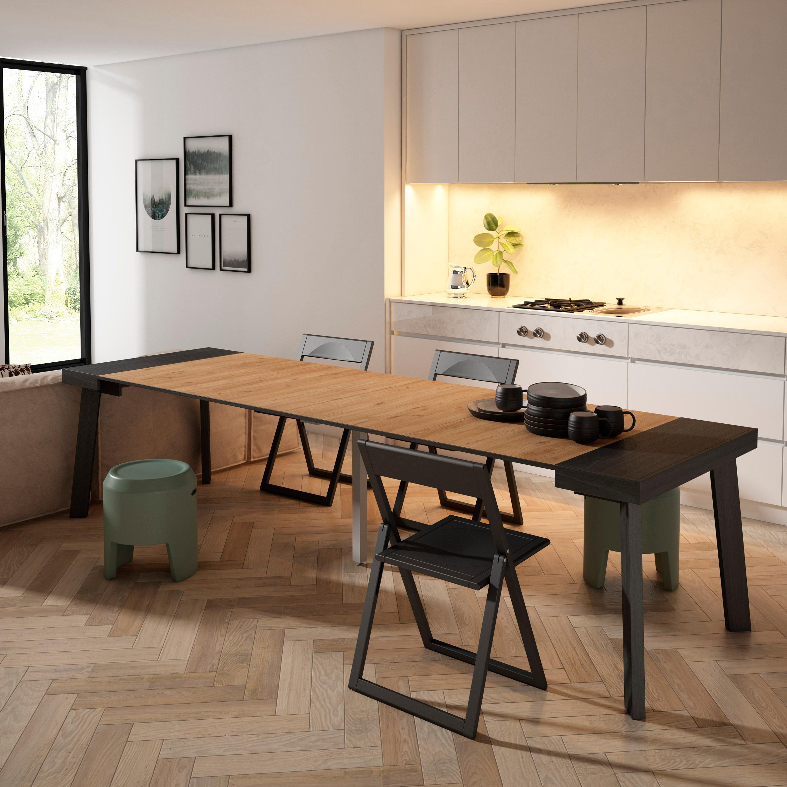 KONSOLENTISCH ausziehbar 58 bis 302cm, für 14 Gäste, schwarz eiche, 90/58/73cm - Eichefarben/Schwarz, Holzwerkstoff (90/302/73cm) - Skraut Home