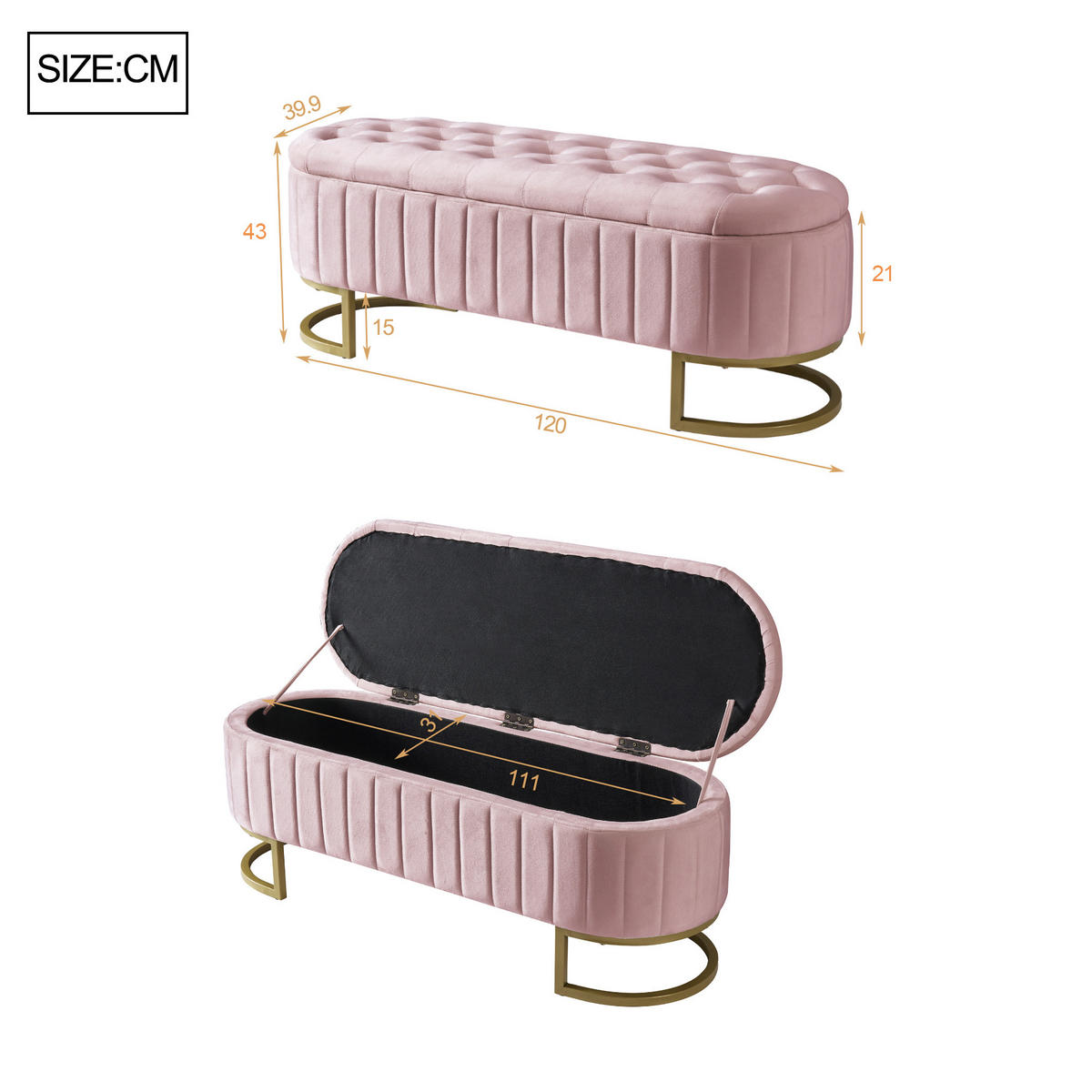 SITZBANK aus Samt Luxuriöse Polsterbank mit Stauraum & Gold-Gestell - Pink, Textil (120/43/39.9cm) - Urban Meuble