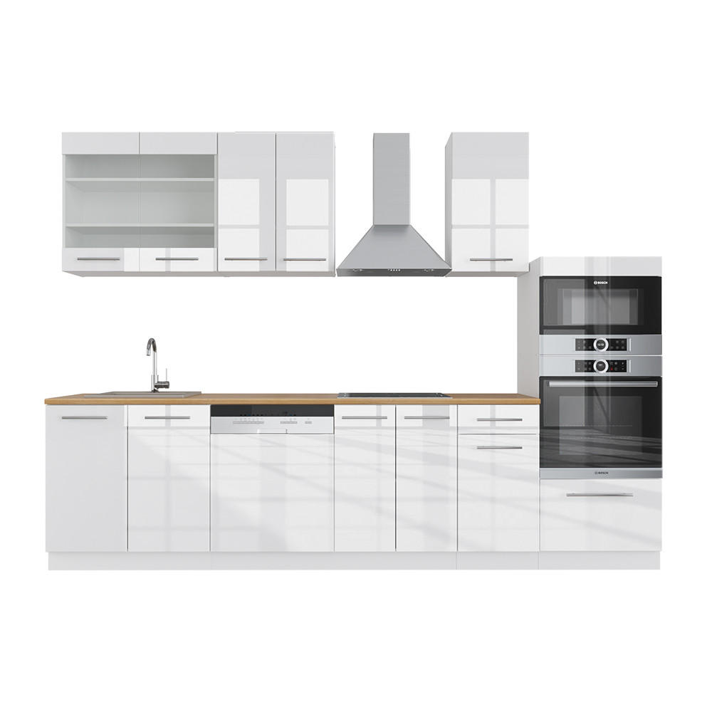 KÜCHENZEILE Fame-Line Weiß 300 cm mit Hochschrank, ohne AP - Weiß Hochglanz/Weiß, Holzwerkstoff (300/81.6/46cm) - Vicco