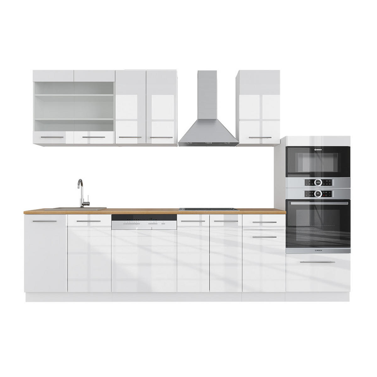 KÜCHENZEILE Fame-Line Weiß Hochglanz/Weiß 300 cm mit Hochschrank AP Eiche - Weiß Hochglanz/Weiß, Holzwerkstoff (300/81.6/60cm) - Vicco