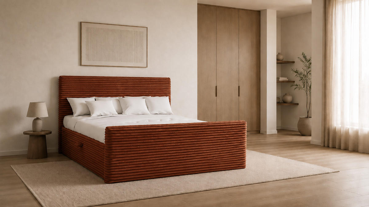 BOXBETT Mit Bettkasten Und Topper TRENTO Stoff Plüsch Cord 200x200 cm Kupfer H3-Bonell - Kupferfarben, Holz/Textil (200/200cm) - Kaiser Möbel