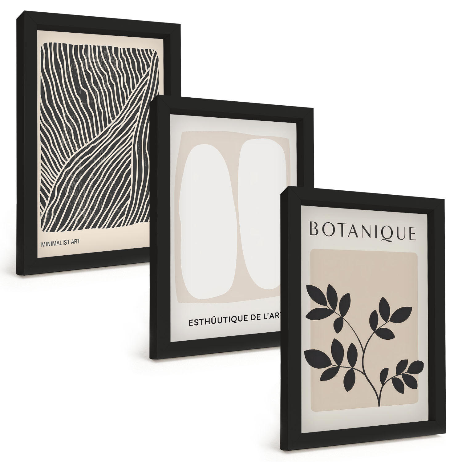 BILDER SET 3er Set - 20x30 cm Schwarzer Rahmen - Pflanzenmuster und Linien - Schwarz, Kunststoff (20/30cm) - TULUP
