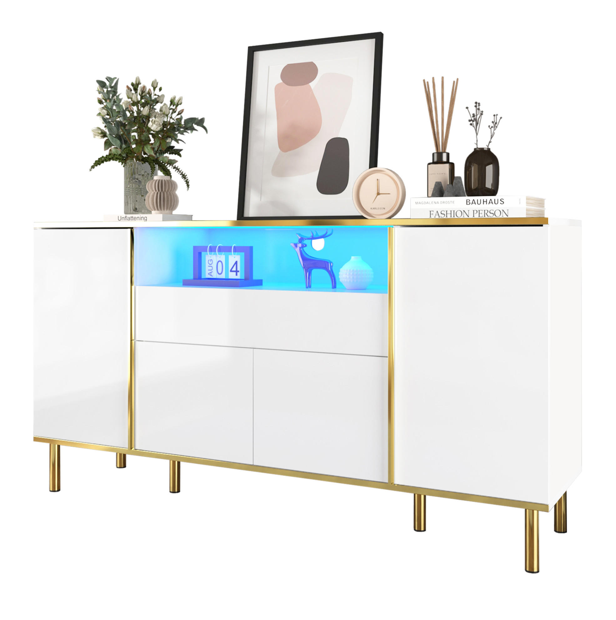 SIDEBOARD 150/40/80 cm in Weiß Hochglanz mit 4 Türen, Schublade & LED-Beleuchtung - Weiß, Holzwerkstoff (150/80/40cm) - BEAOK