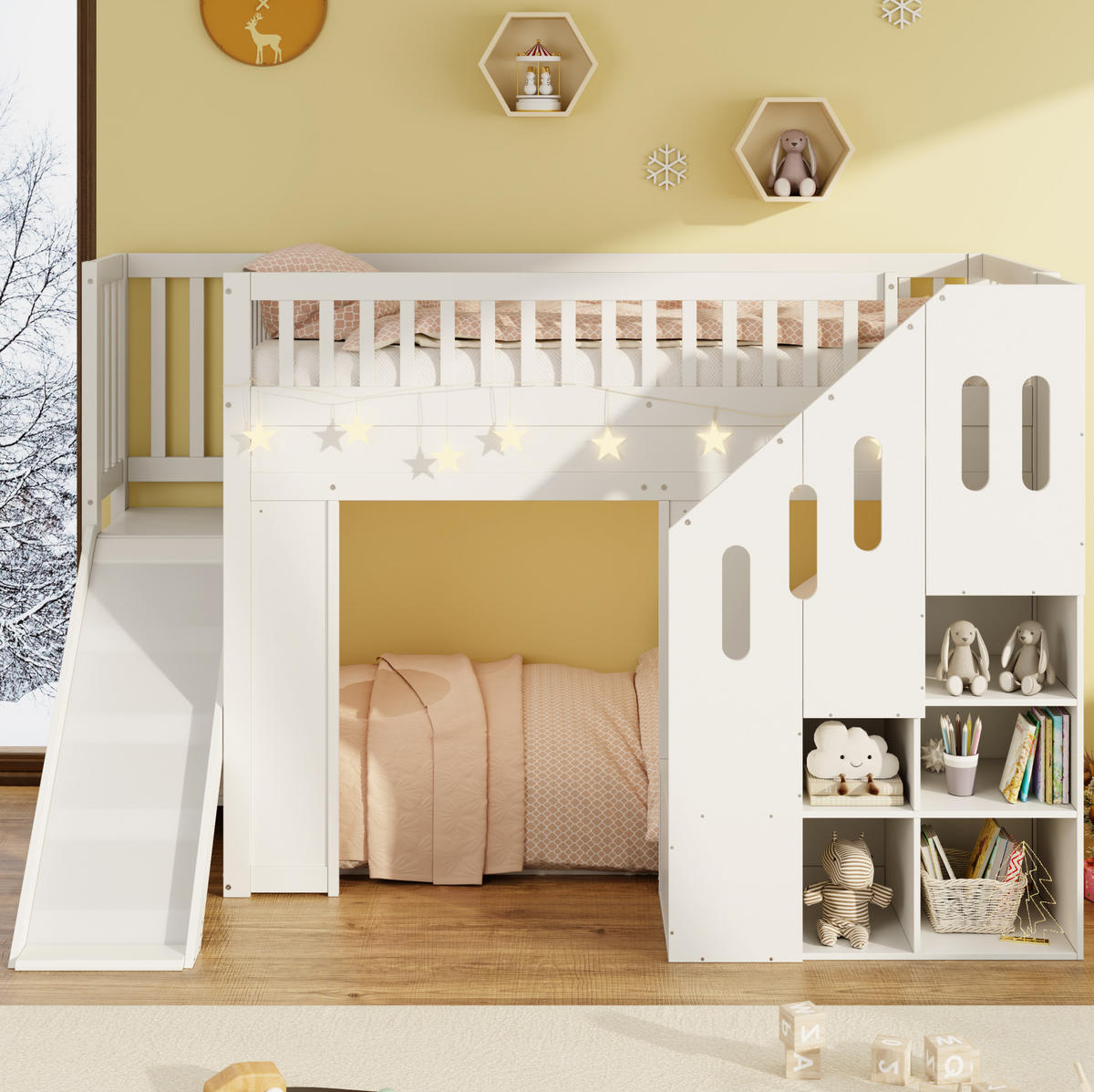 ETAGENBETT 90/200 cm in Weiß mit Rutsche, Stauraumtreppe und LED-Beleuchtung - Weiß, Holzwerkstoff (90/200cm) - OKMYHOME