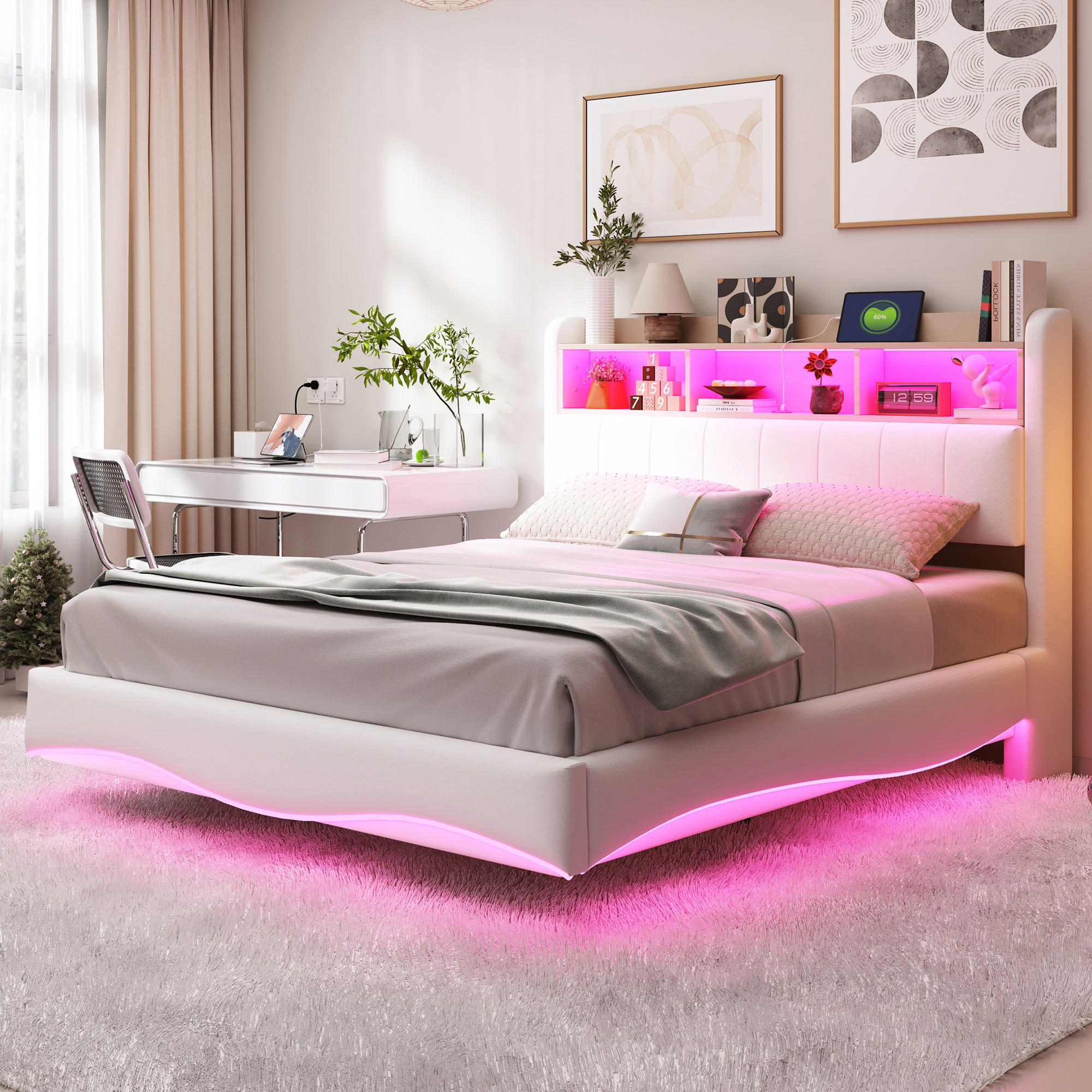 FLIEKS ČALOUNĚNÁ POSTEL, 140×200 cm, lněná, LED, USB, úložný prostor, béžová