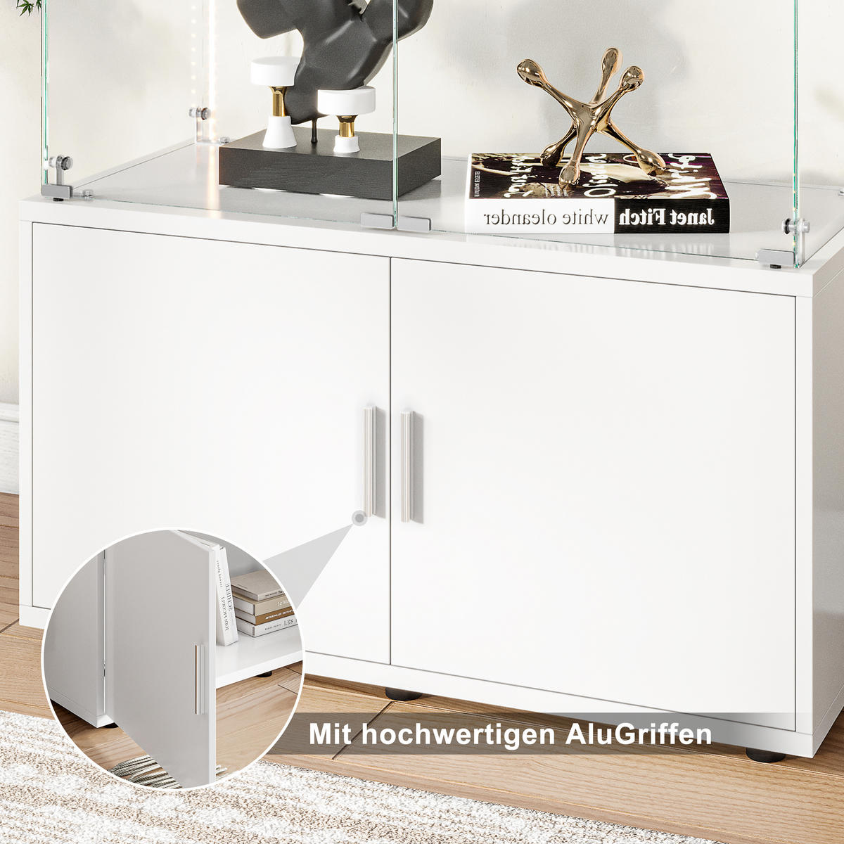 VITRINE, Doppelglasfront, 3 Glasböden, Unterschrank mit Doppeltüren, LED-Lichtleiste, Weiß - Weiß, Glas/Holz (78.51/164/35cm) - BRILVERDE