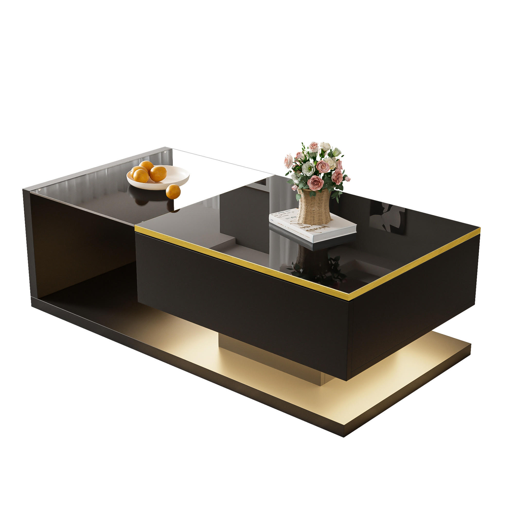 KONFERENČNÍ stolek, 100/50/32,5 cm černý, s tvrzeným sklem a LED osvětlením - černá, kompozitní dřevo (100/50/32.5cm) - BEAOK