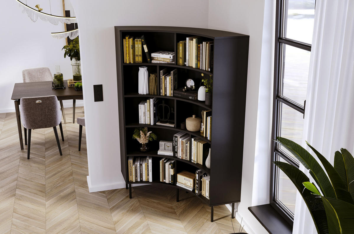 BÜCHERREGAL Horn, Schwarz, Bogenform, 10 Fächern - Schwarz, Holzwerkstoff/Metall (100/181/32cm) - Skandica