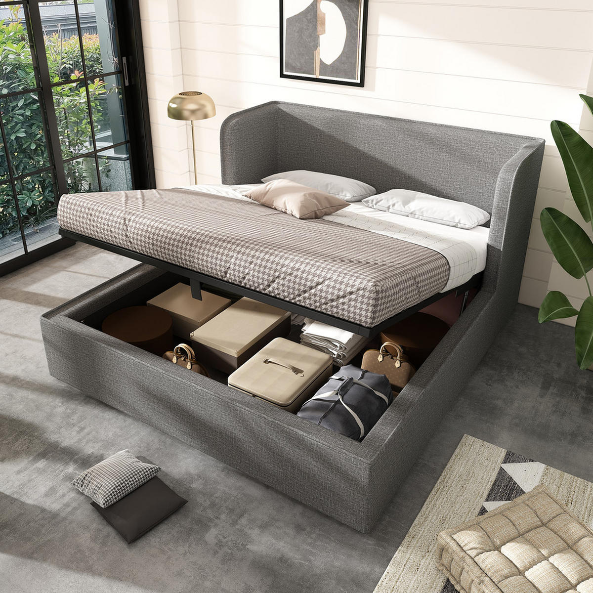 POLSTERBETT 160x200cm Doppelbett Hydraulik-Stauraum Leinen Bezug Grau - Grau, Holz - FLIEKS