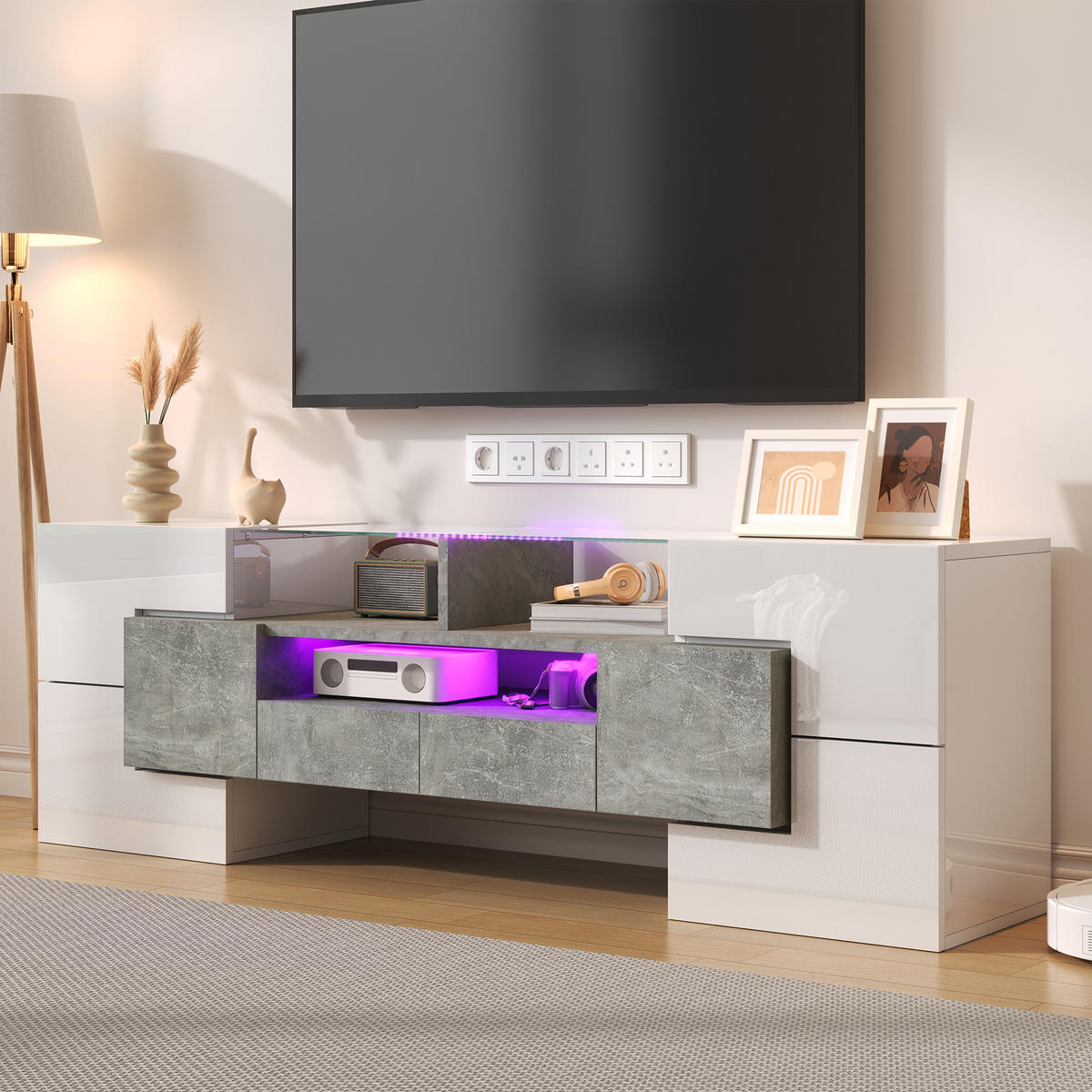 TV-SCHRANK in Hochglanz Weiß/Beton mit LED, 6 Türen und 2 Schubladen 145/30/51 cm - Weiß, Holzwerkstoff (145/51/30cm) - Redom