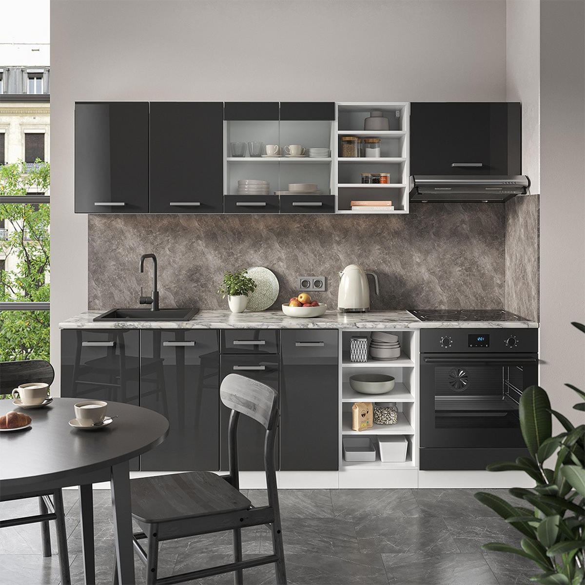 KUCHYNSKÝ KÚT R-Line Antracit vysoký lesk/biela 240 cm s pracovnou doskou - biela/čierna s vysokým leskom, kompozitné drevo (240/206.8/60cm) - Vicco