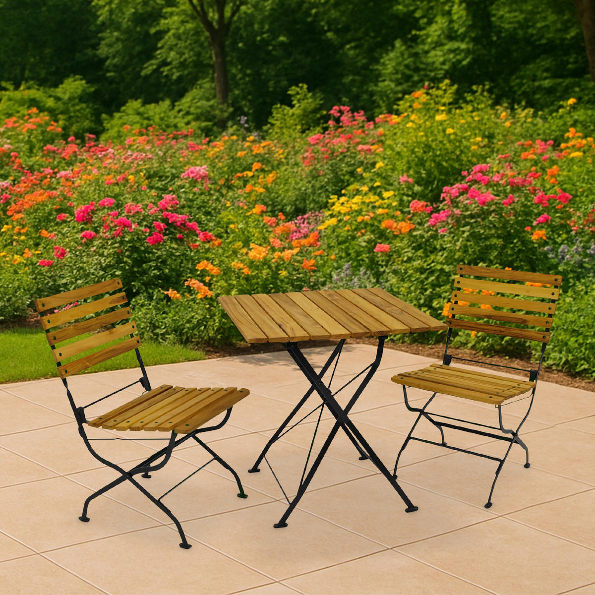 BISTRO Set Genf - Gartenmöbel Garten-Garnitur 3-teilig, Sitzgruppe für 2 Personen - Flachstahl Robinienholz dunkelgrün - Grün, Holz - TPFGarden