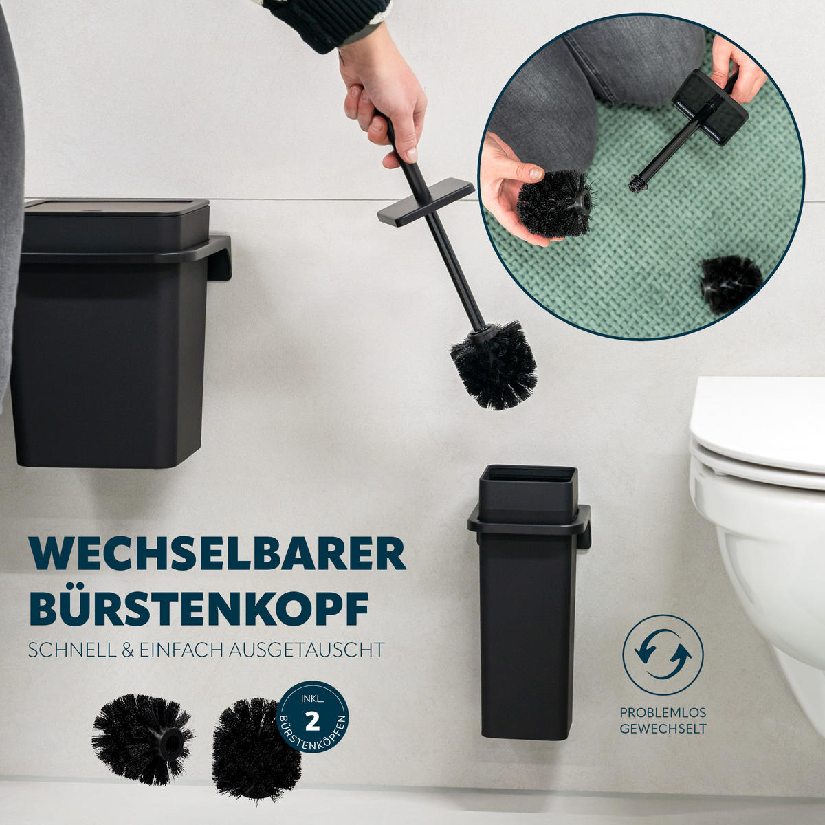 WC-GARNITUR 2-TLG. Bürste u. Eimer SAVONA Softtouch inkl. Wandhalterung, eckig - schwarz - Schwarz, Kunststoff (18/25/21cm) - bremermann