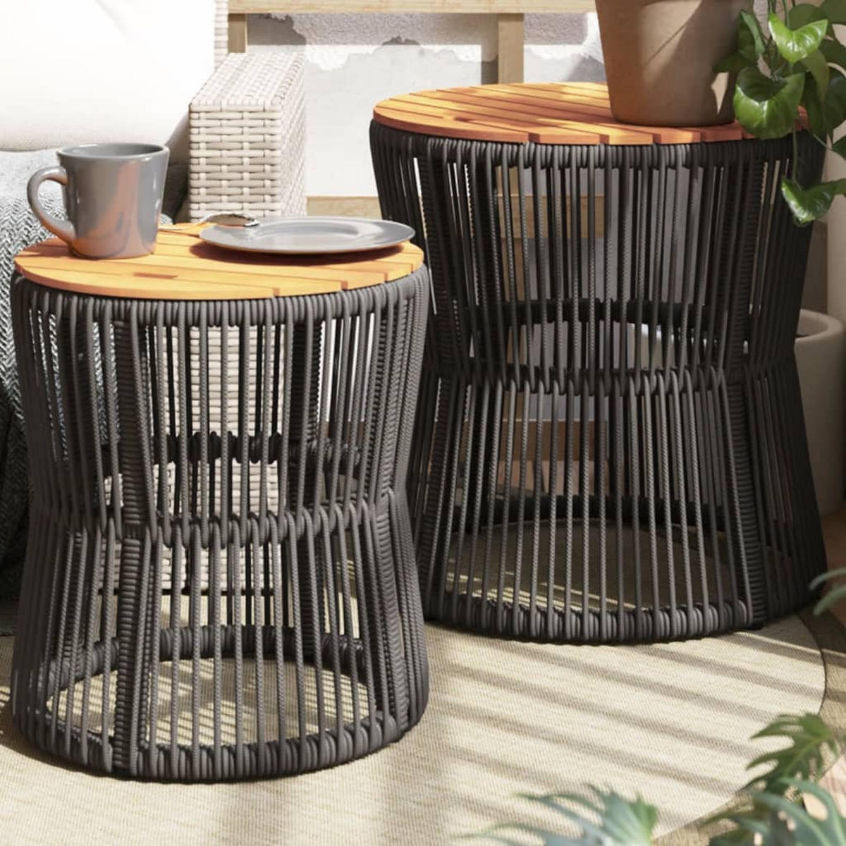 GARTEN-BEISTELLTISCHE 2er Set Mit Holzplatte Grau Poly Rattan - Grau, Kunststoff (50/50/45cm) - vidaXL