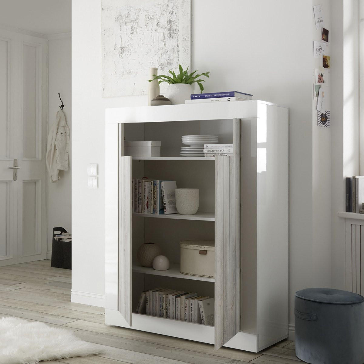 HIGHBOARD mit 2 Flügeltüren H144 cm - Urbino - Eiche Bianco, Holzwerkstoff (110/144/42cm) - Calicosy