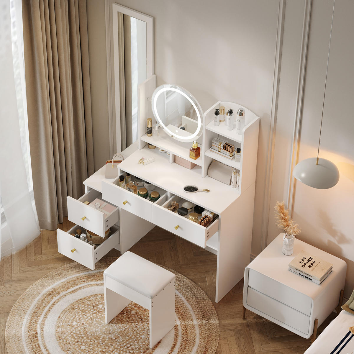 SCHMINKTISCH mit Hocker Weiß 109/36/164 CM - Weiß, Glas/Holzwerkstoff (36/164/109cm) - Urban Meuble