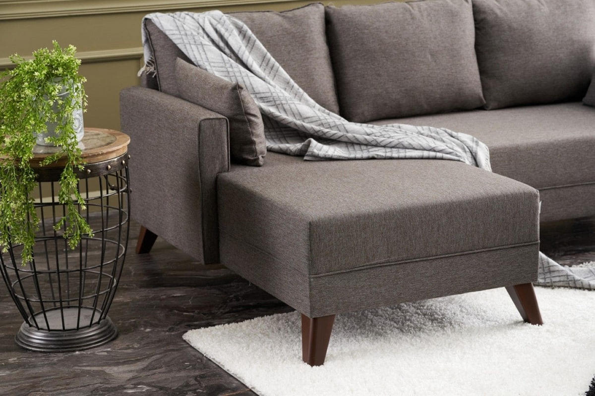 ECKSOFA mit Hocker als Schlaffläche, perfekt für kleine Räume - Taupe/Walnussfarben, Holz/Kunststoff (205/140cm) - myHomelando