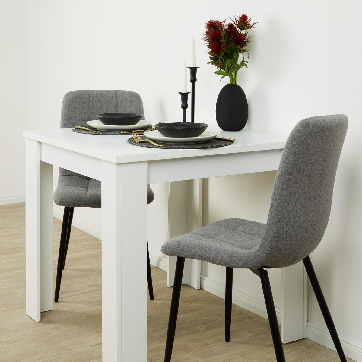 TISCHGRUPPE 80/80 cm Weiß mit 2 Stühlen - Weiß/Grau, Holz/Textil (80/75/80cm) - Homestyle4u