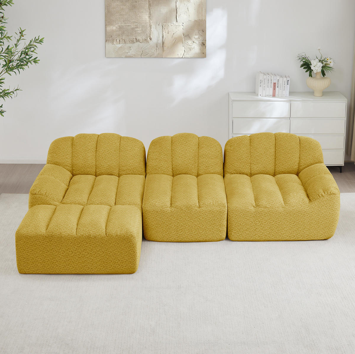 SOFA modular mit Ottoman Granulierter Fleece Gelb - Gelb, Kunststoff (165/288cm) - Meubliv