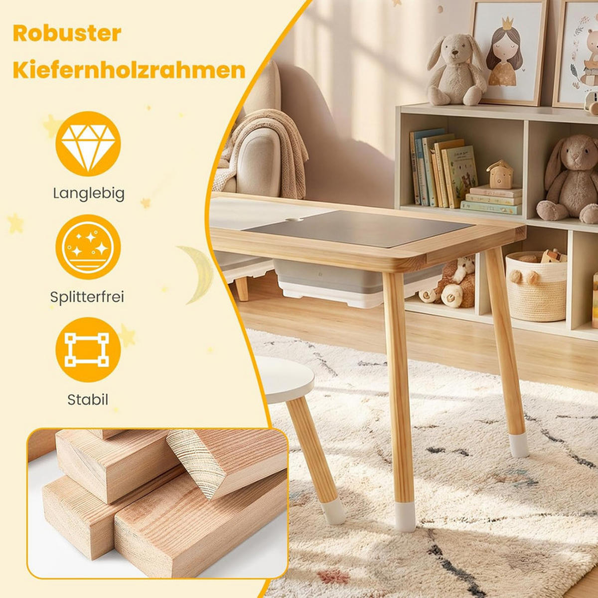 KINDERSPIELTISCH Runder natur(3-tlg) - Naturfarben, Holz (81/50/58cm) - COSTWAY