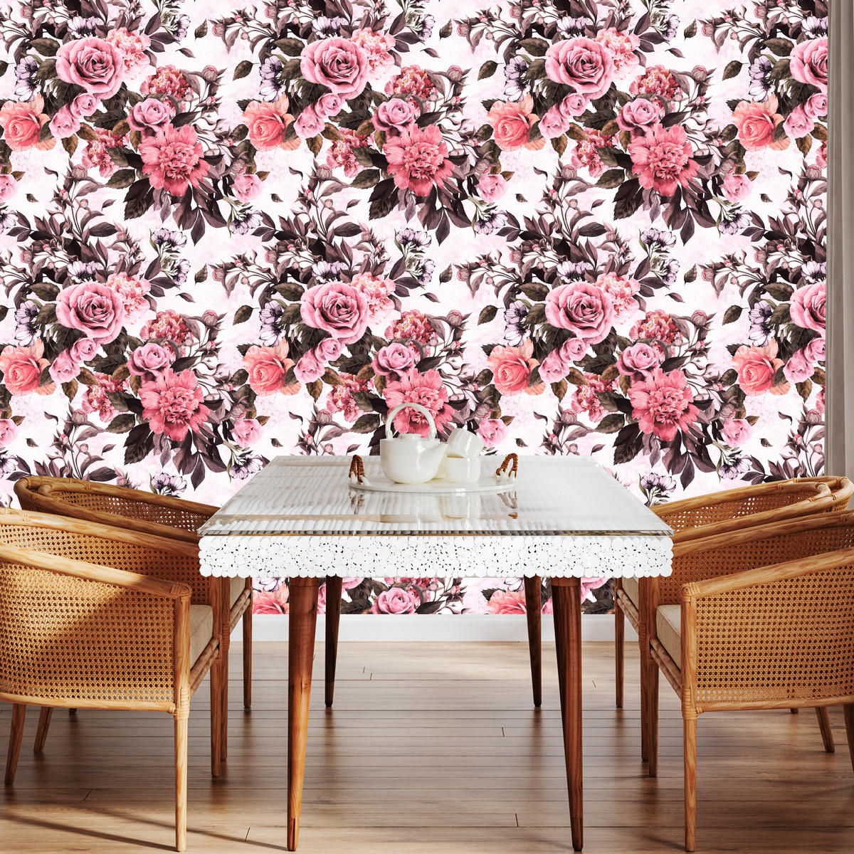 VLIESTAPETE Vintage-Rosen und Pfingstrosen – Rosa, Schwarz, Weiß – 50x1000 cm - Schwarz/Rosa, Papier (50/1000cm) - Muralo