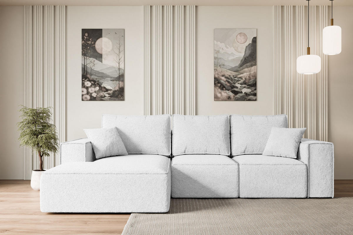 ECKSOFA mit Schlaffunktion und Bettkasten SERRA-L-S - 266x161x87 cm Weiß Bouclé - Schwarz/Weiß, Holzwerkstoff/Kunststoff (266/161cm) - ALTDECOR