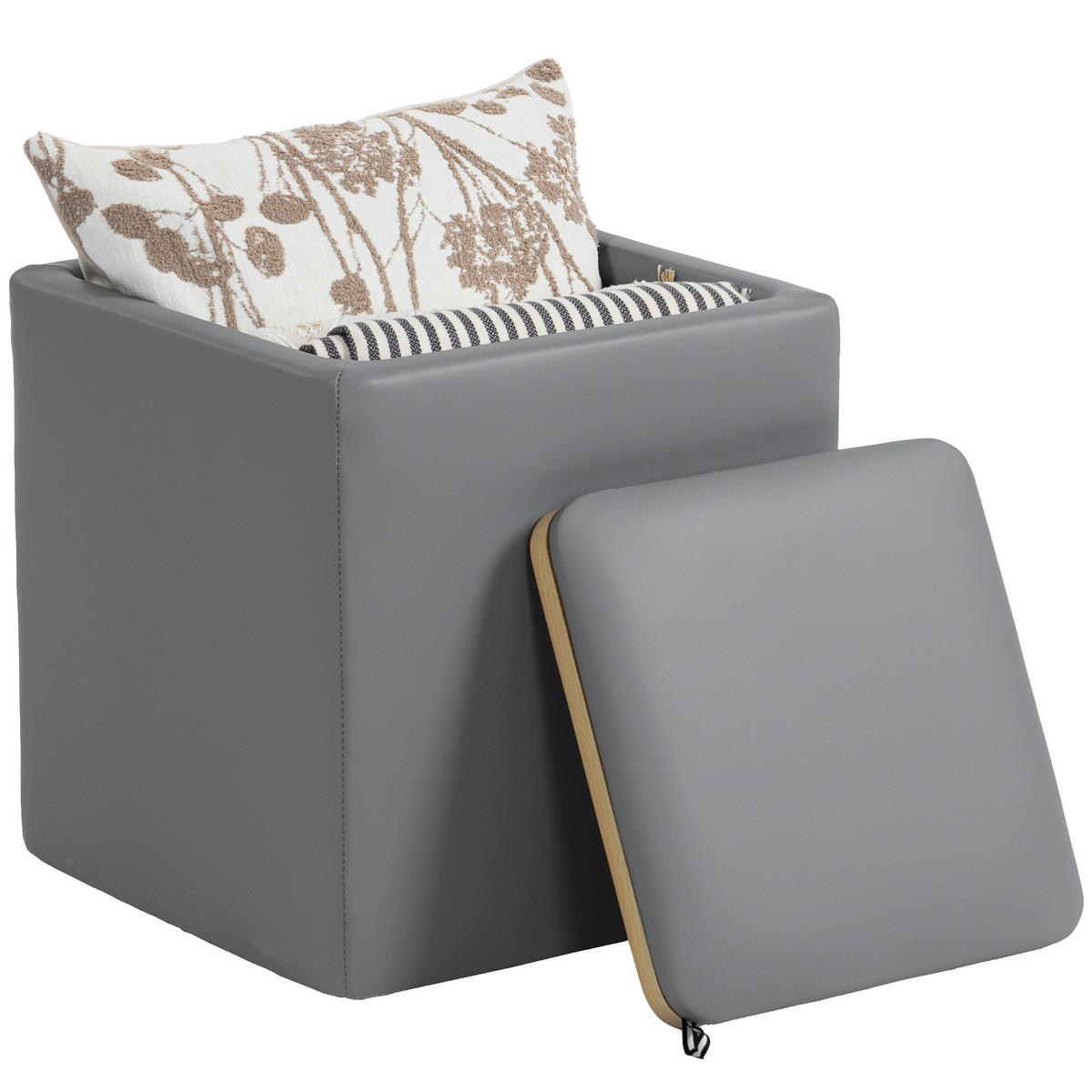 SITZHOCKER Mit Stauraum DE-07174 quadratisch, Kunstleder, bis 120 kg Grau - Grau, Holzwerkstoff (40/40/40cm) - ComfortXL