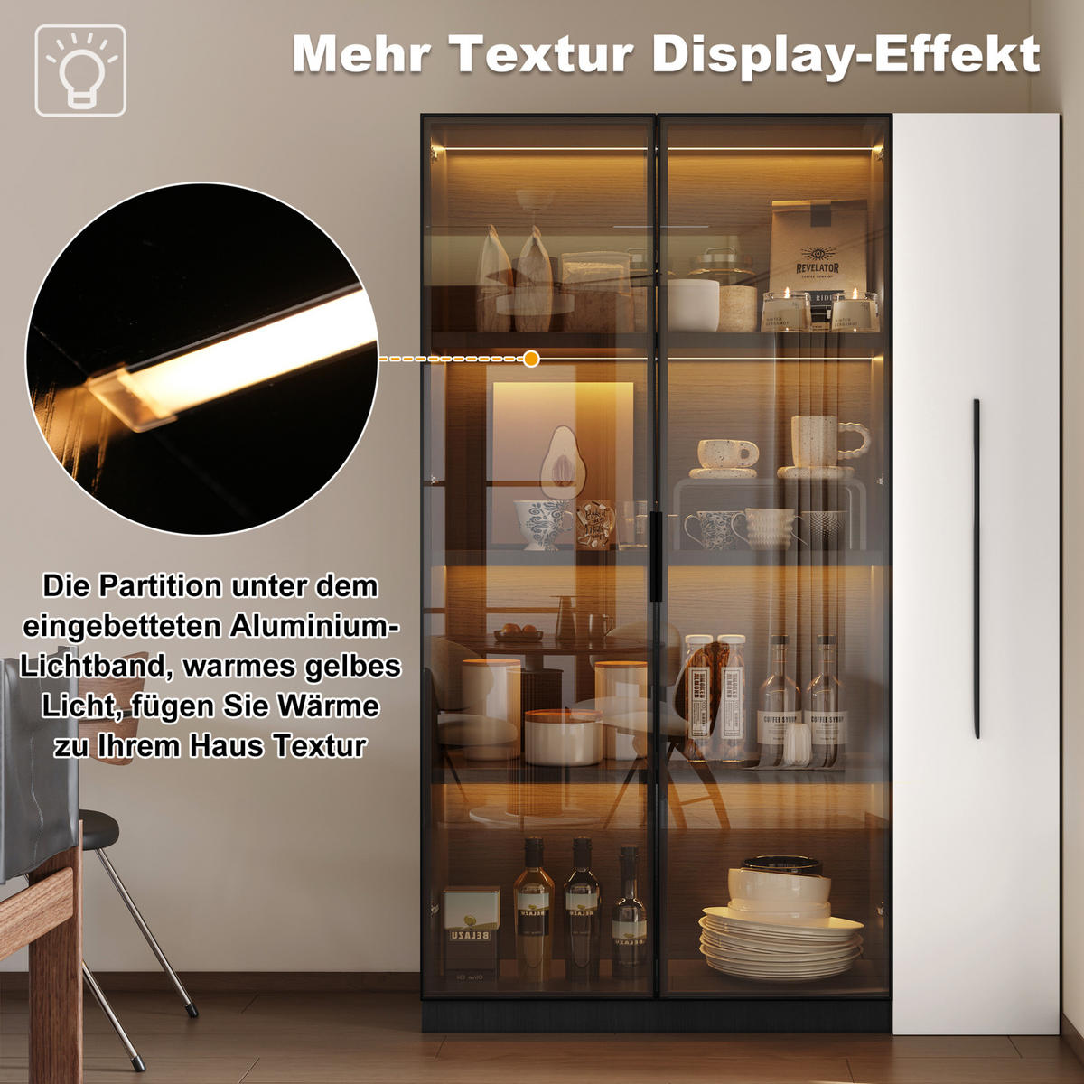 VITRINE 110,5/35/160 cm mit LED-Beleuchtung und seitlichem Auszug, 2-in-1 Stauraum, Schwarz/Weiß - Schwarz, Holzwerkstoff (110.5/160/35cm) - Redom