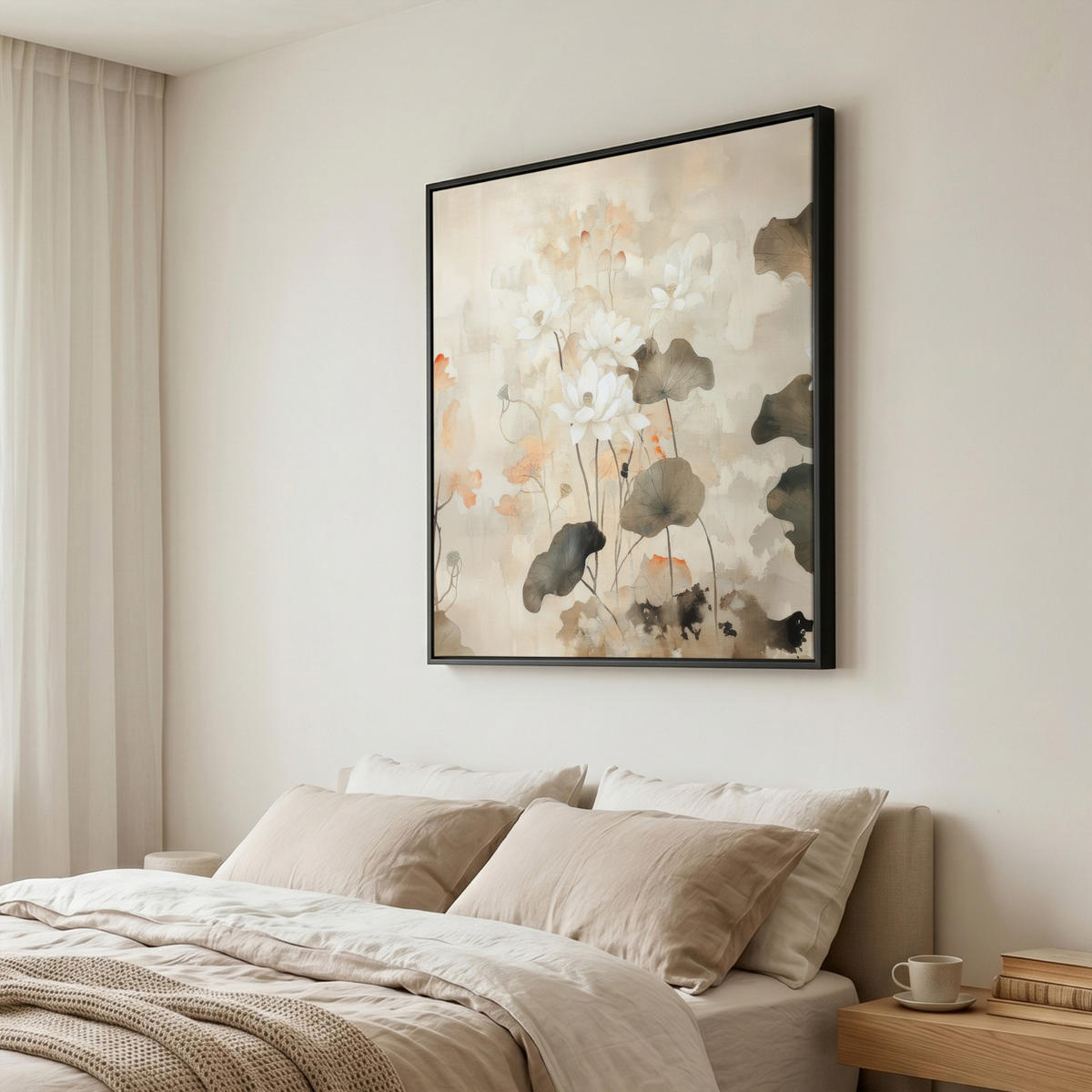 LEINWAND Bilder mit Rahmen - Blumen - Japandi - Wabi sabi - 90x90 - Sandfarben, Textil (90/90cm) - MuchoWow
