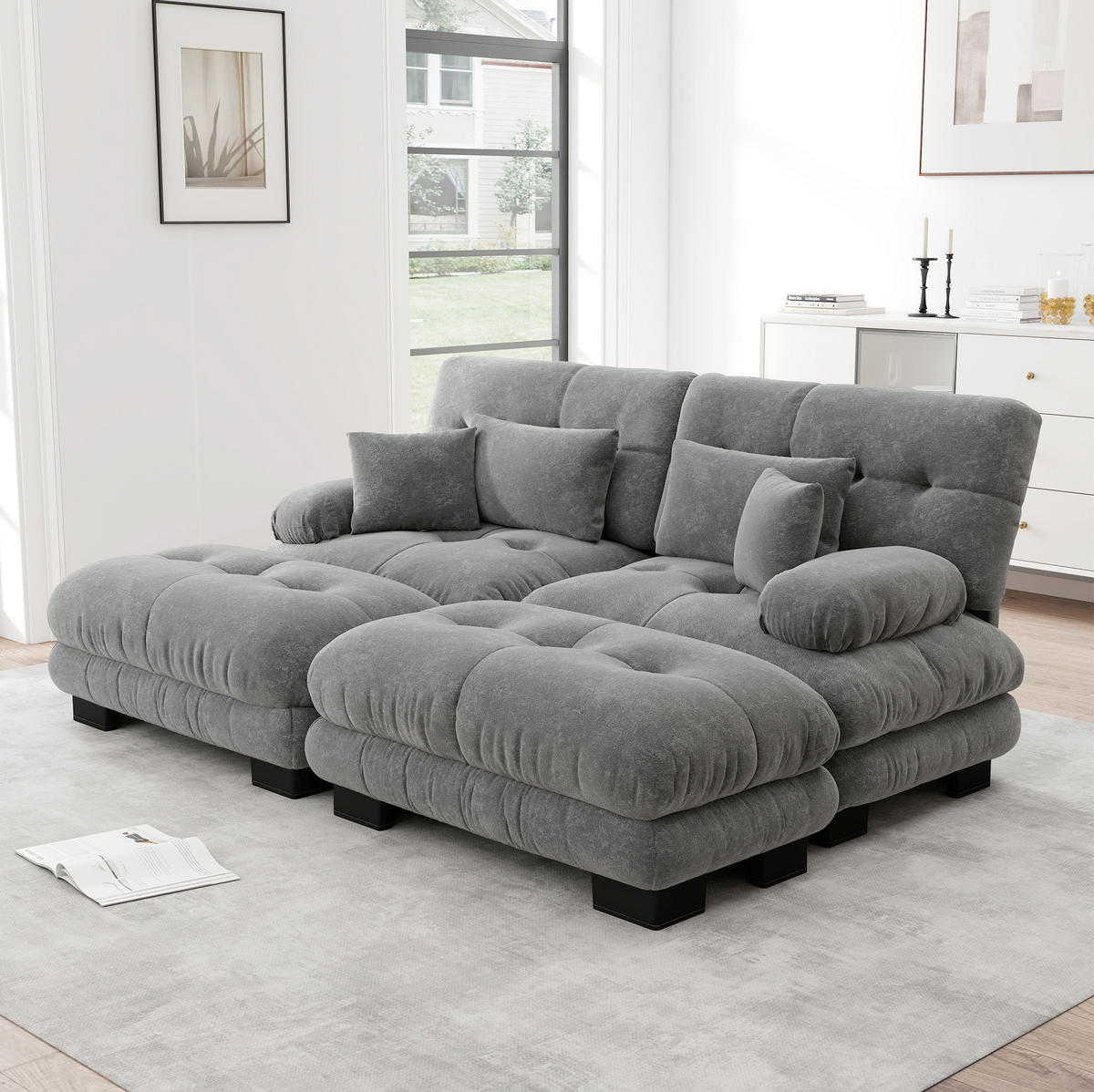 ECKSOFA modular mit beweglichen Ottomane, breiten Armlehnen und Dekokissen, Grau - Grau, Textil (220/145cm) - Redom