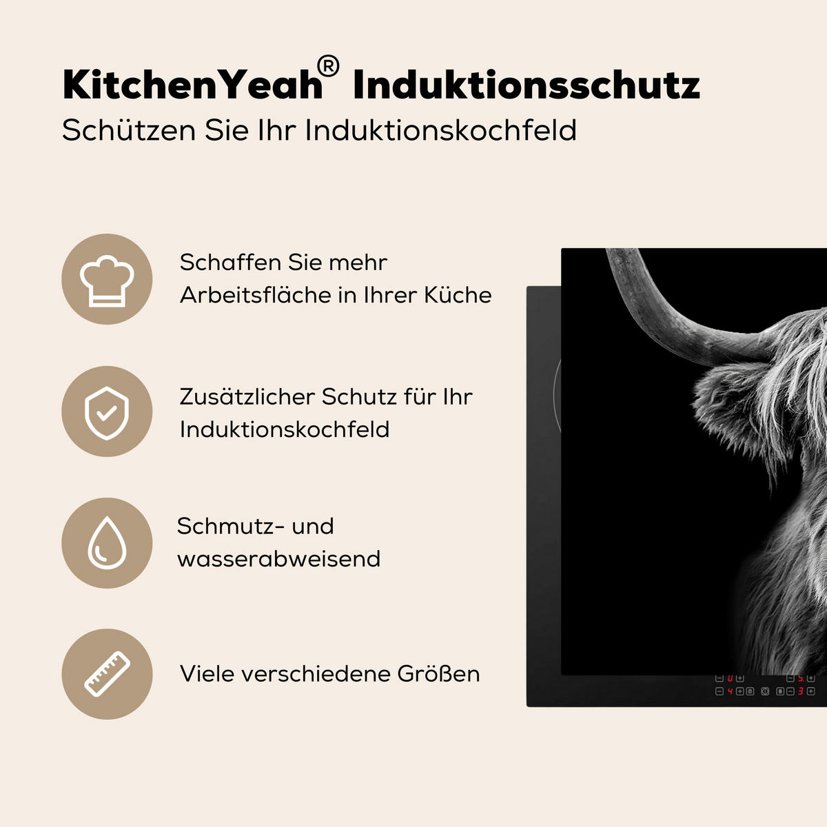 HERDABDECKPLATTE Schottischer Highlander - Hörner - Schwarz - Weiß - Kuh - Wild - Tiere Ceranfeldabdeckung 76x51.5 cm - Schwarz, Kunststoff (76/51.5/0.2cm) - MuchoWow