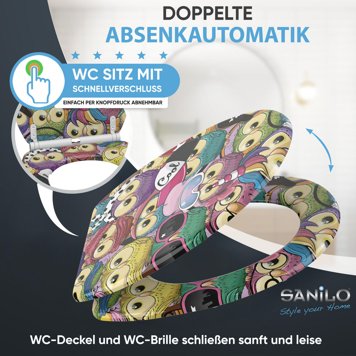 WC-SITZ mit Absenkautomatik & Top Fix Owl - Multicolor, Holzwerkstoff (37.7/5.5/48cm) - Sanilo