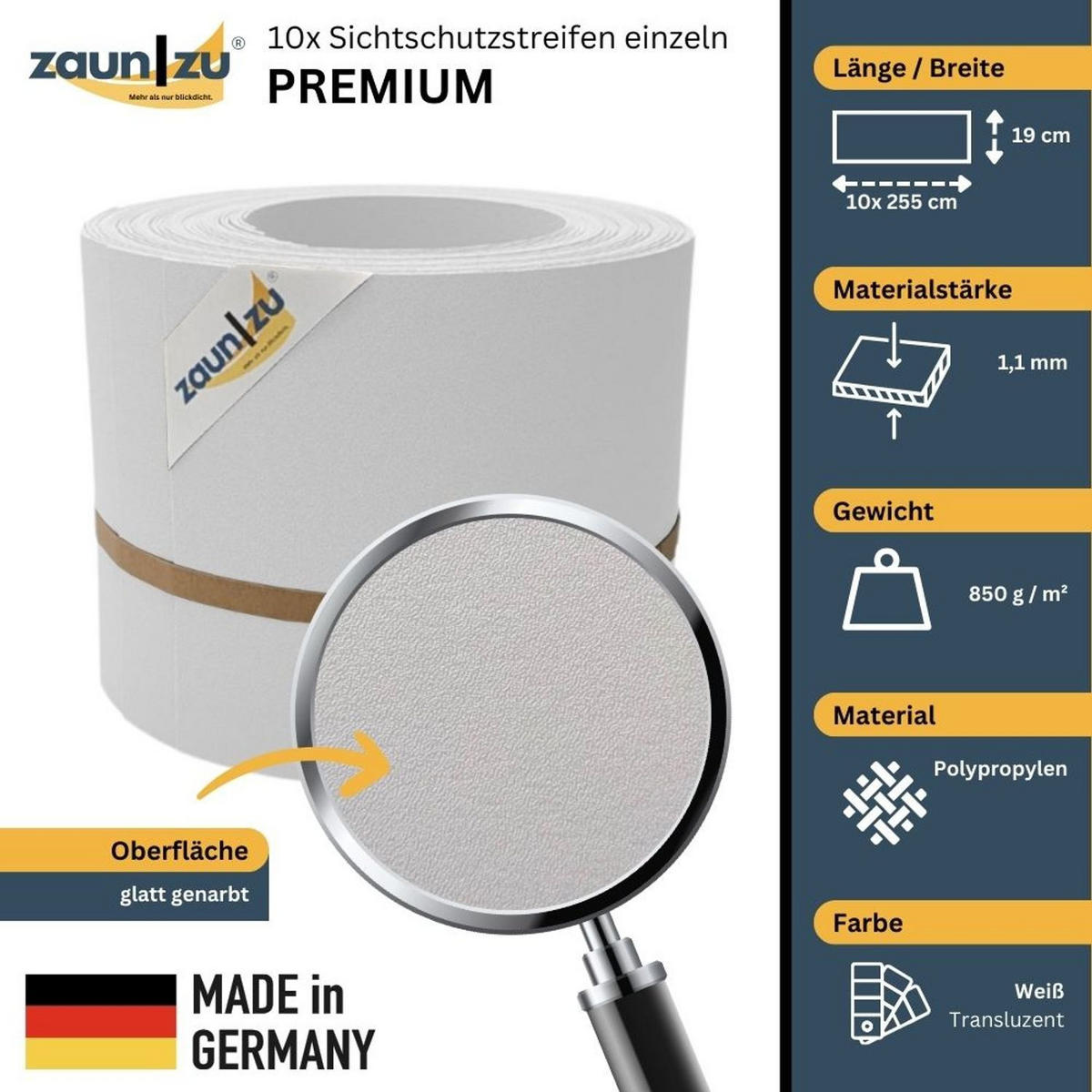 SICHTSCHUTZSTREIFEN PP Sichtschutzstreifen Doppelstabzaun Weiß,10x 2,55m - Weiß, Kunststoff (2550/19cm) - ZAUN|ZU