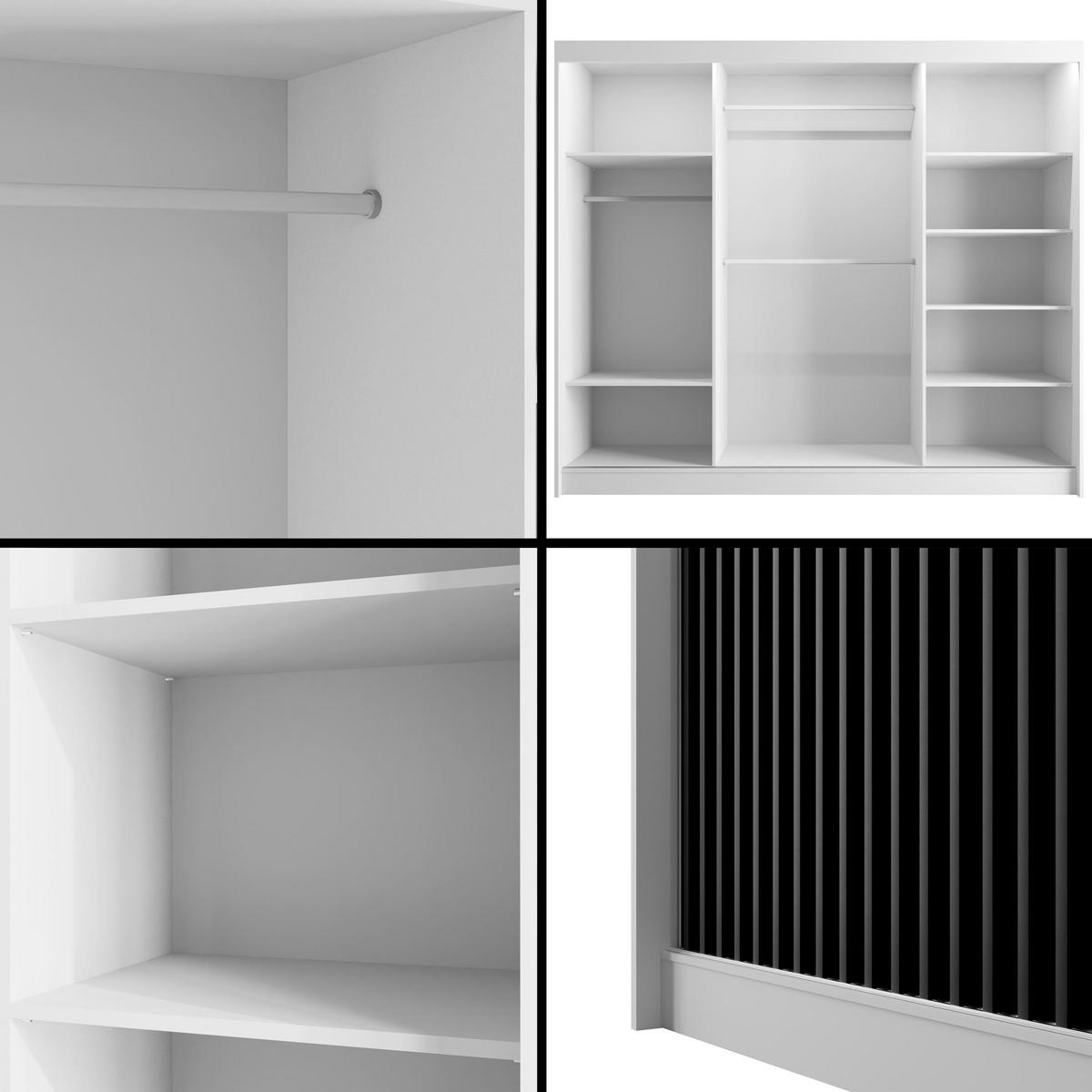 KLEIDERSCHRANK mit LED, Lamel-Schiebetüren VILANv2 - 250 cm Weiß + Lamelle schwarz - Schwarz/Weiß, Holzwerkstoff (250/215/61cm) - ALTDECOR