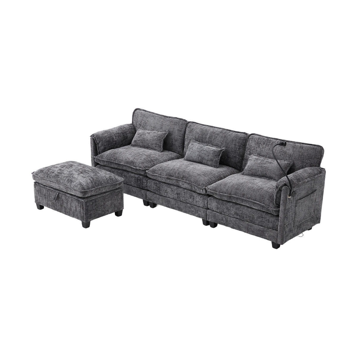 ECKSOFA mit USB-Anschluss und Seitentasche Chenille Grau 279/83/85 cm - Grau, Textil (279/83cm) - OKWISH