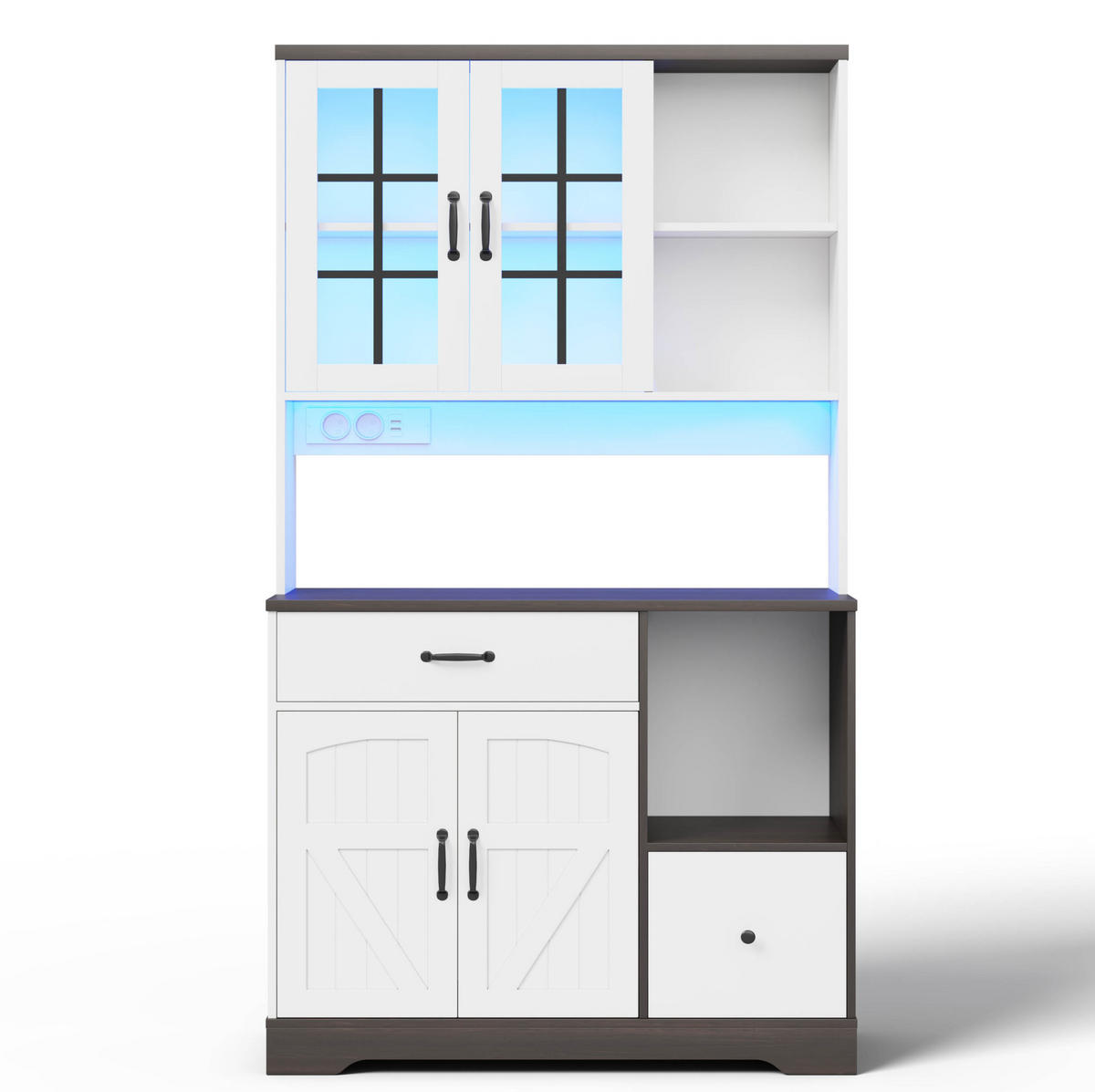 BUFFETSCHRANK 105/40/185 cm mit LED-Beleuchtung, Steckdosen, USB-Anschlüssen und verstellbaren Einlegeböden, Natur/Weiß - Naturfarben, Holzwerkstoff (105/185/40cm) - Redom