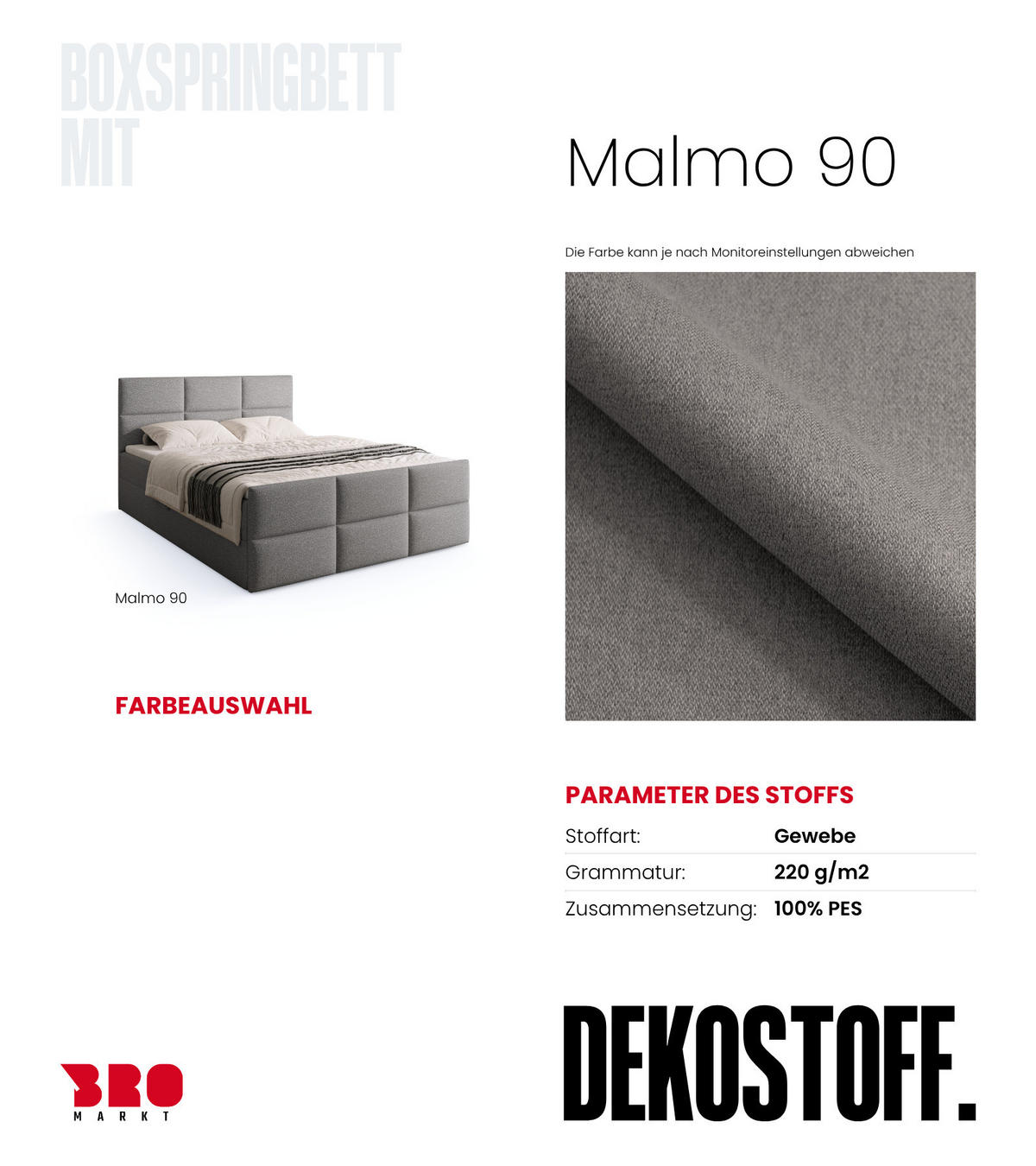 BOXSPRINGBETT Boston Duo Mit Bettkasten, Topper und Matratze Grau Malmo 90 140x200 cm - Schwarz/Grau, Textil (140/200cm) - Bromarkt