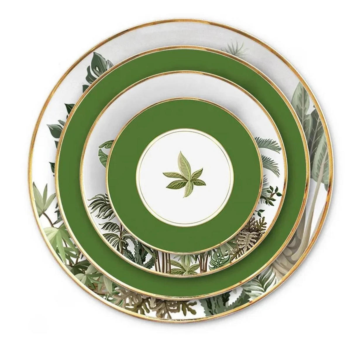 TELLERSET Tropisch Grün Bone China Grün Gold 4tlg Ø30 Ø27 Ø20 Ø16 cm - Weiß Hochglanz/Goldfarben, Keramik (30/2/2cm) - Quality Elegance