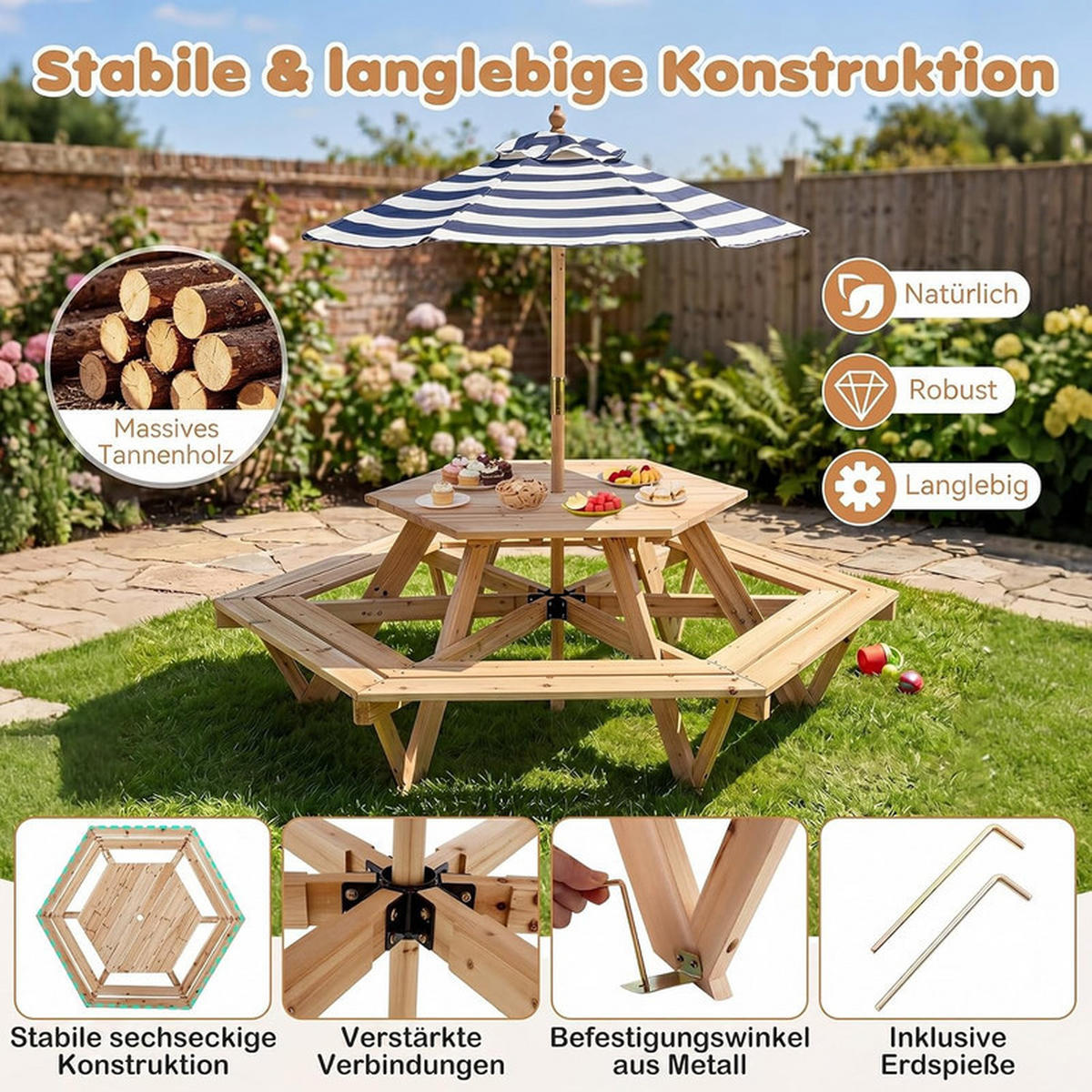 KINDER OUTDOOR-SITZGRUPPE mit Sonnenschirm natur - Naturfarben, Holz - COSTWAY