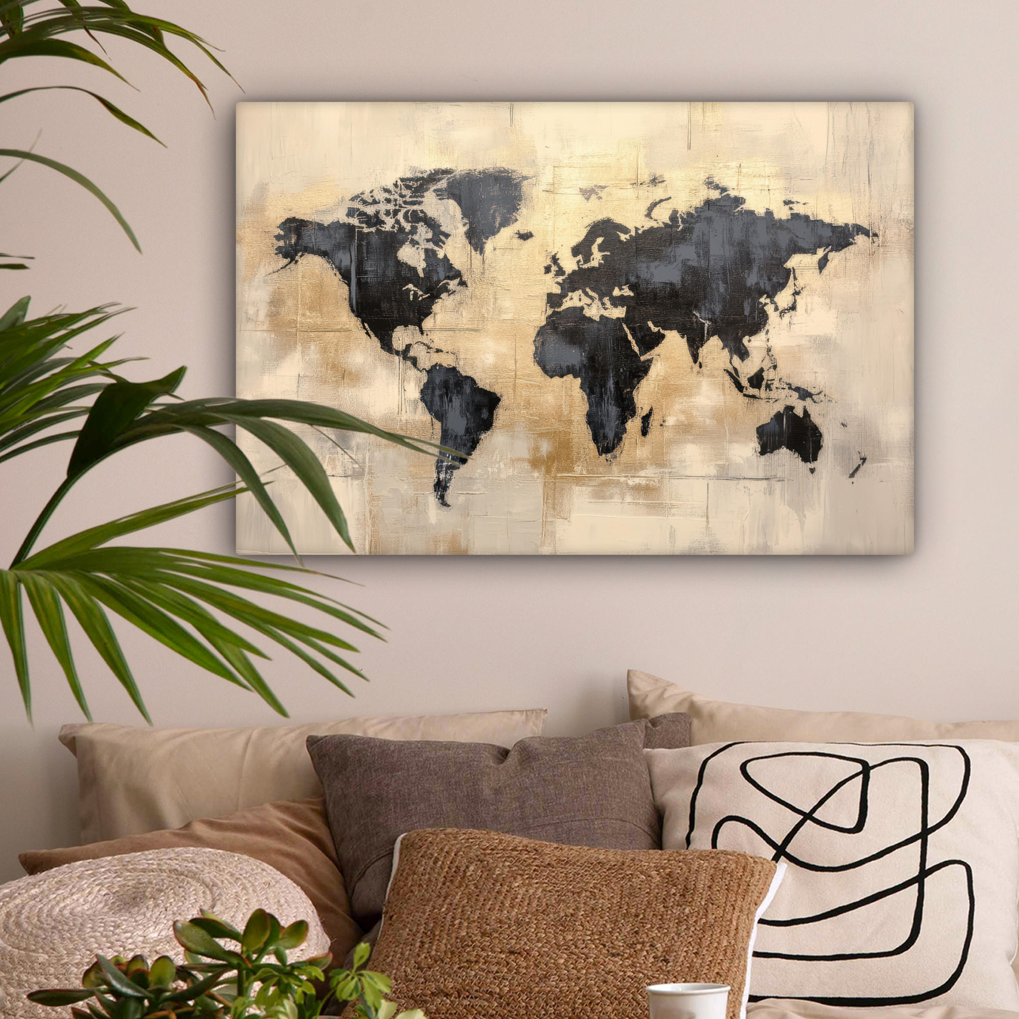 LEINWANDBILD Weltkarte - Gold - Schwarz - Abstrakt Gemälde 60x40 cm - Kupferfarben, Textil (60/40cm) - MuchoWow